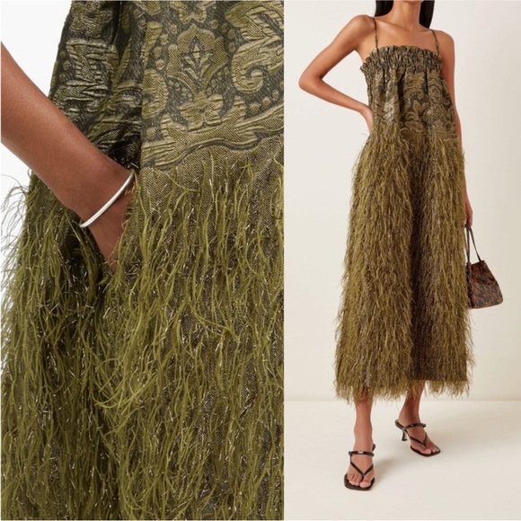 GANNI Faux Feather Embellished Jacquard Midi Dress Kalamata Green - Picture 8 of 9